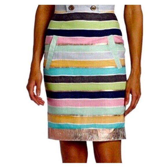 Tracy Reese New York Women’s BOHO Linen Pencil Skirt Multi Color Stripes  SZ 4 - Picture 2 of 8